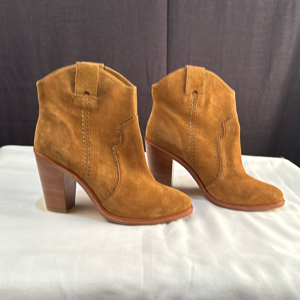 New JOIE Monte Heels Brown Cognac TanSuede Studded Ankle Booties Boots SZ 39